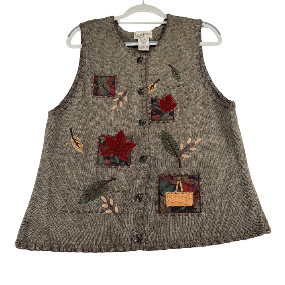 Longaberger Homestead Sweater Vest Women X-Large Brown Leaf Basket Patchwork